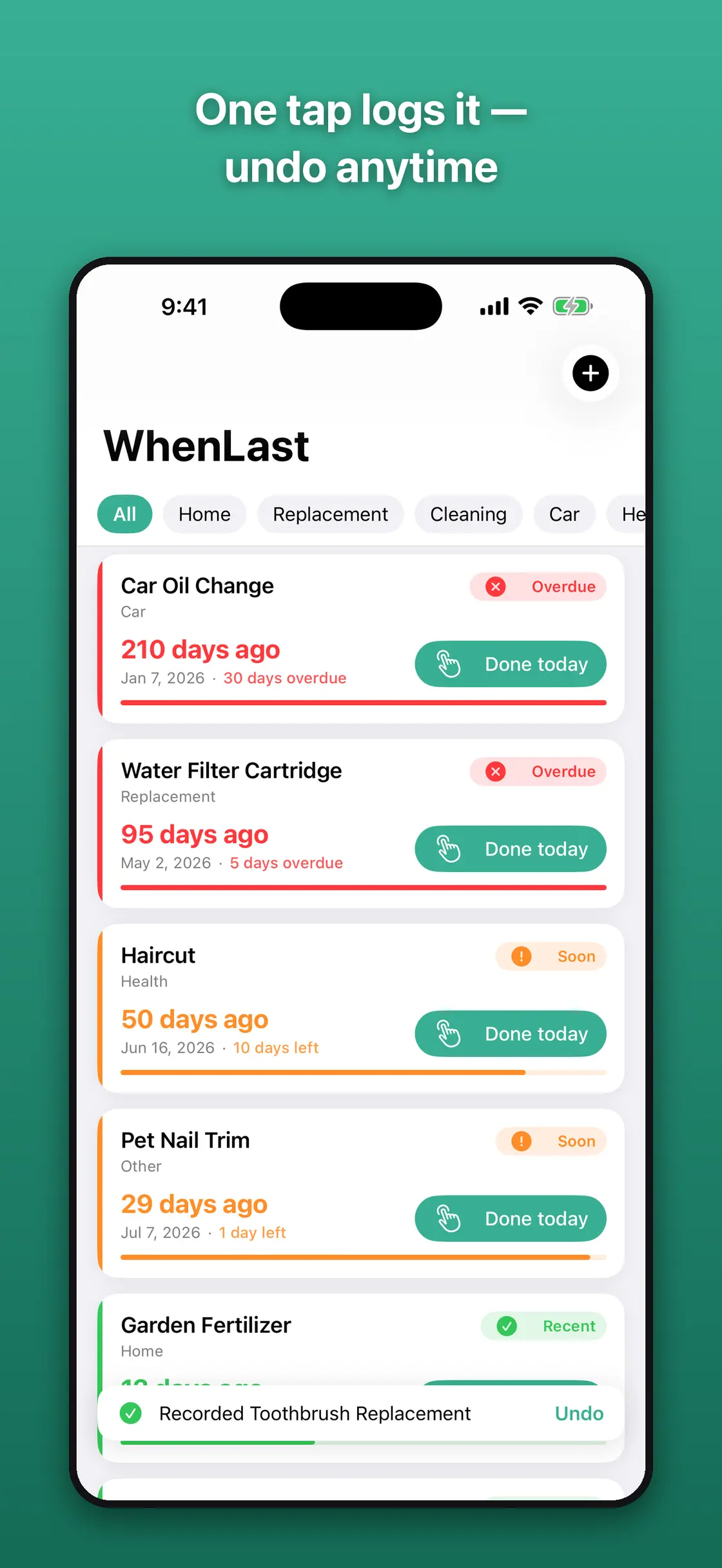 WhenLast – Chore & Care Log screenshot 2 of 4